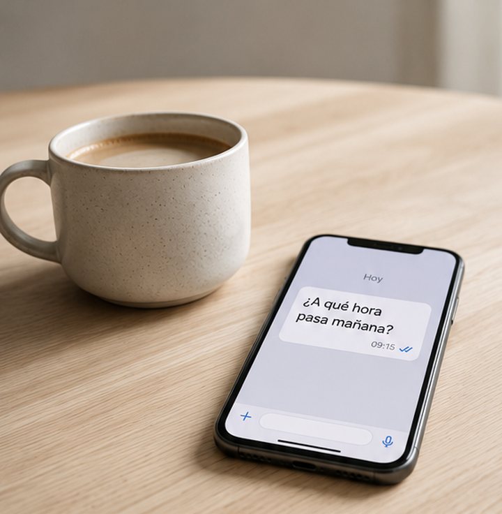 Un teléfono sobre una mesa muestra el mensaje '¿A qué hora pasa mañana?', junto a una taza de café.